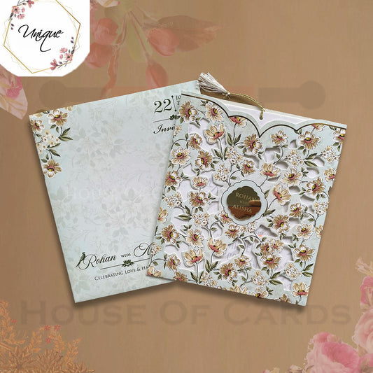 Blue Floral Pouch Style With Designer Cut Invitation
