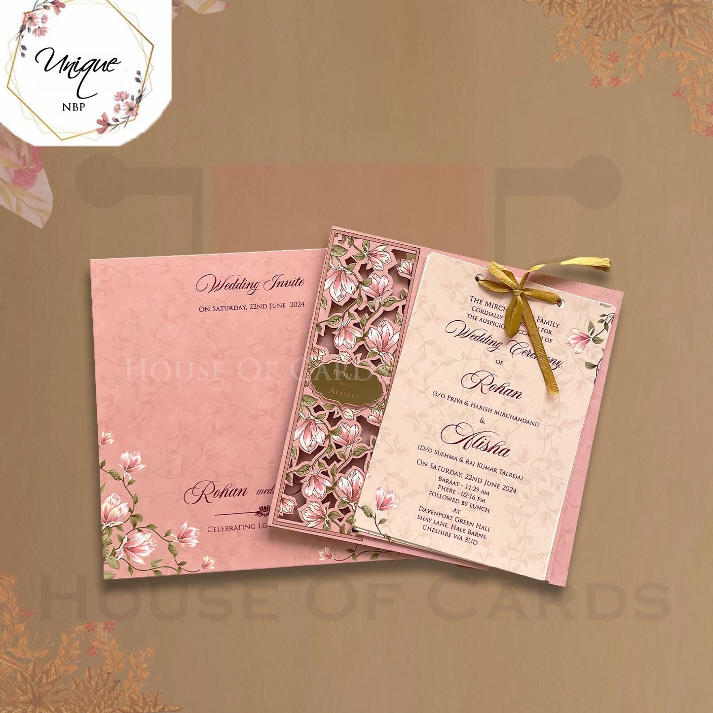 Pink Shade Wooden Frame Invitation With Golden Acrylic Name Plate