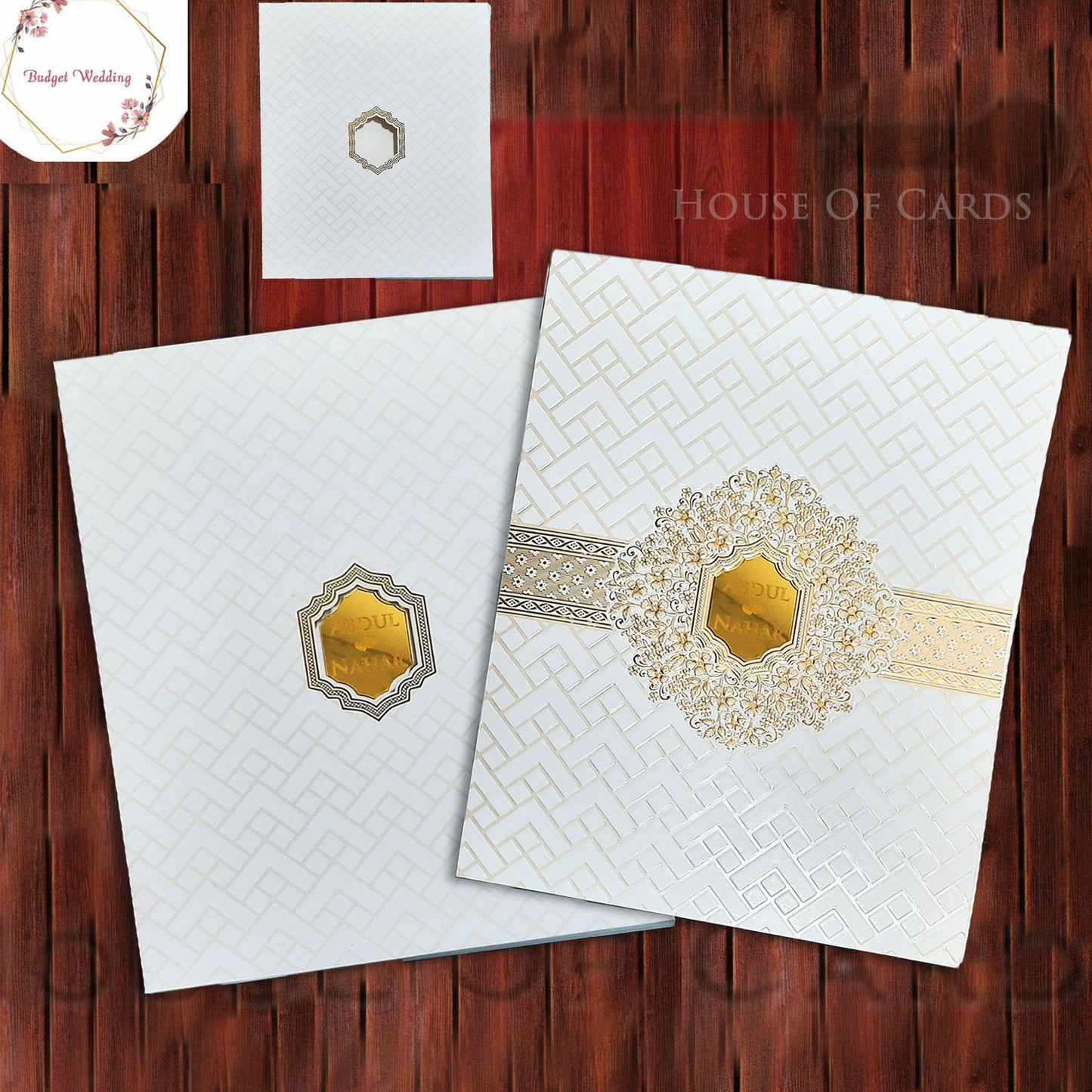 Simple and Elegant Beaufitul Center Cut Invitation With Golden Acrylic Name Plate