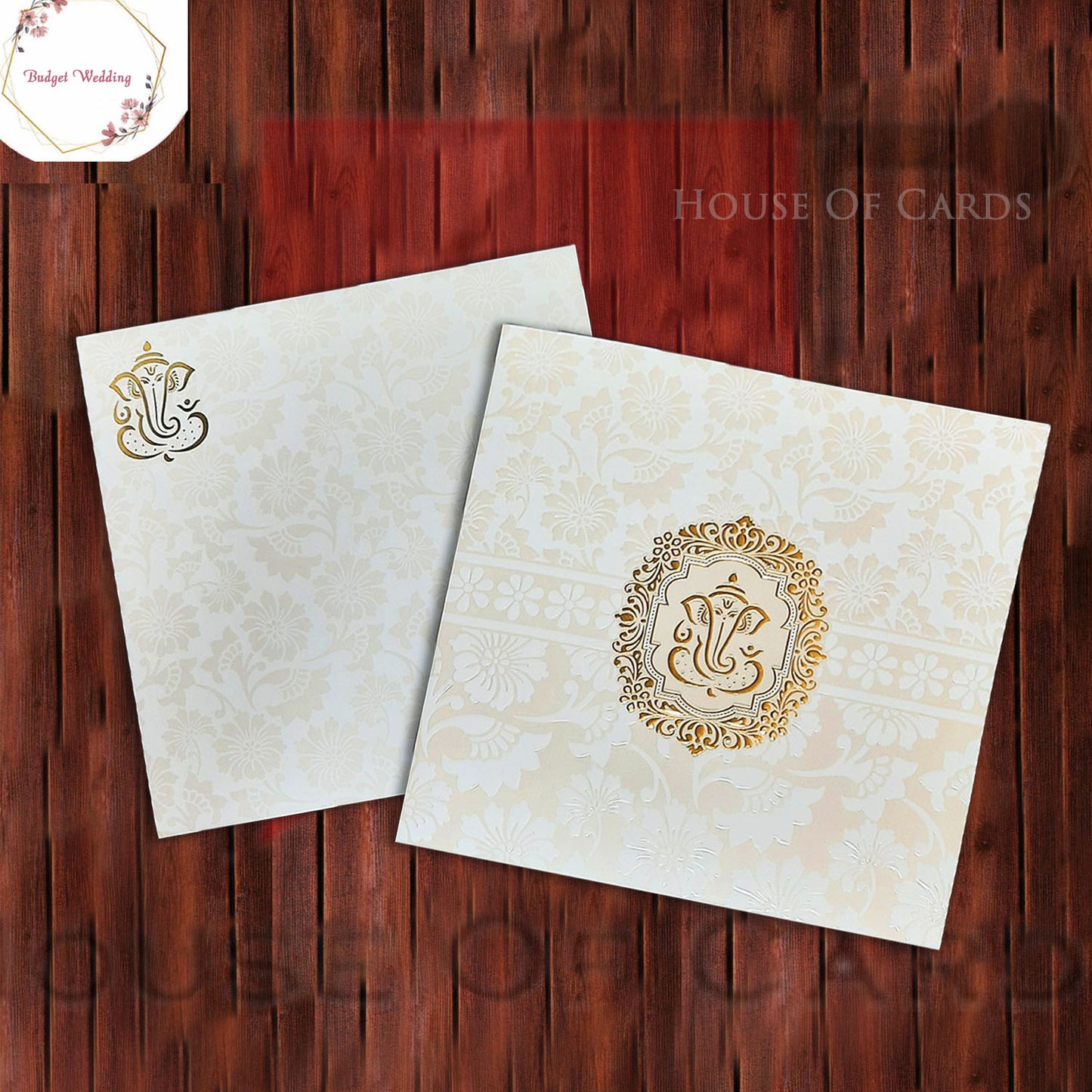Simple Ganesha Invitation With Floral Embossed Designs