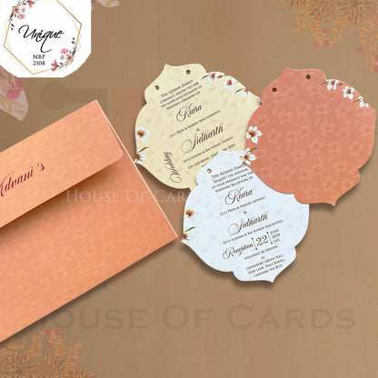 Rustic Orange Floral Wooden Frame Invitation With Golden Acrylic Name Plate