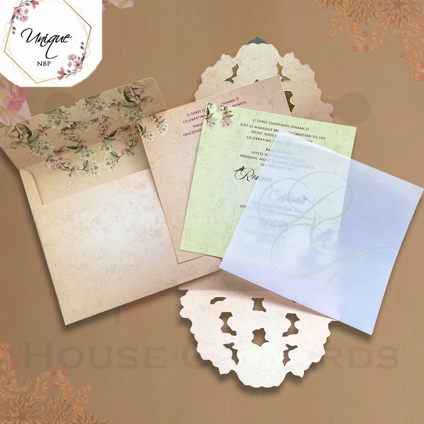 Two Flaps Opening Style Floral Invitation With Golden Acrylic Plate