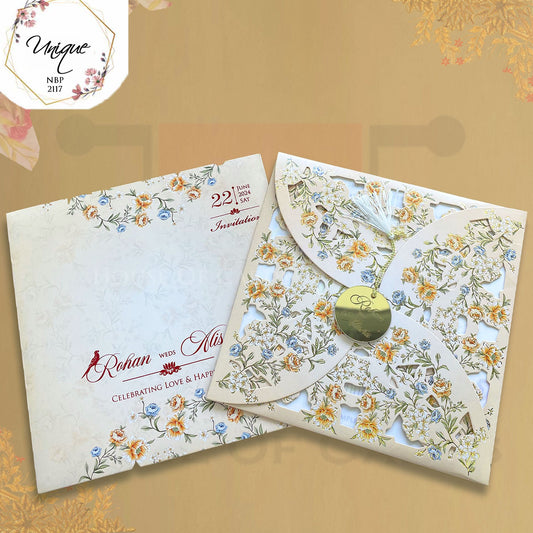 Four Side Opening With A Golden Acrylic Name Plate as Tag Floral Invitation