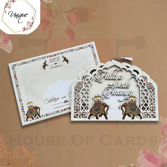 Arch Elephant Theme Pull Out Style Wooden Frame Invitation