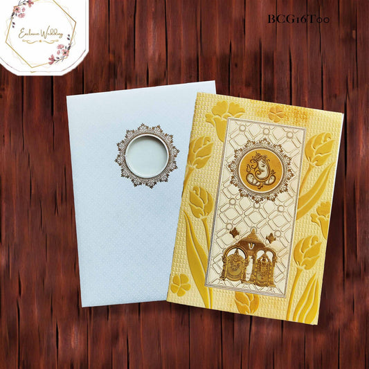 Bright Golden Yellow Floral Embossed Lord Balaji Invitation
