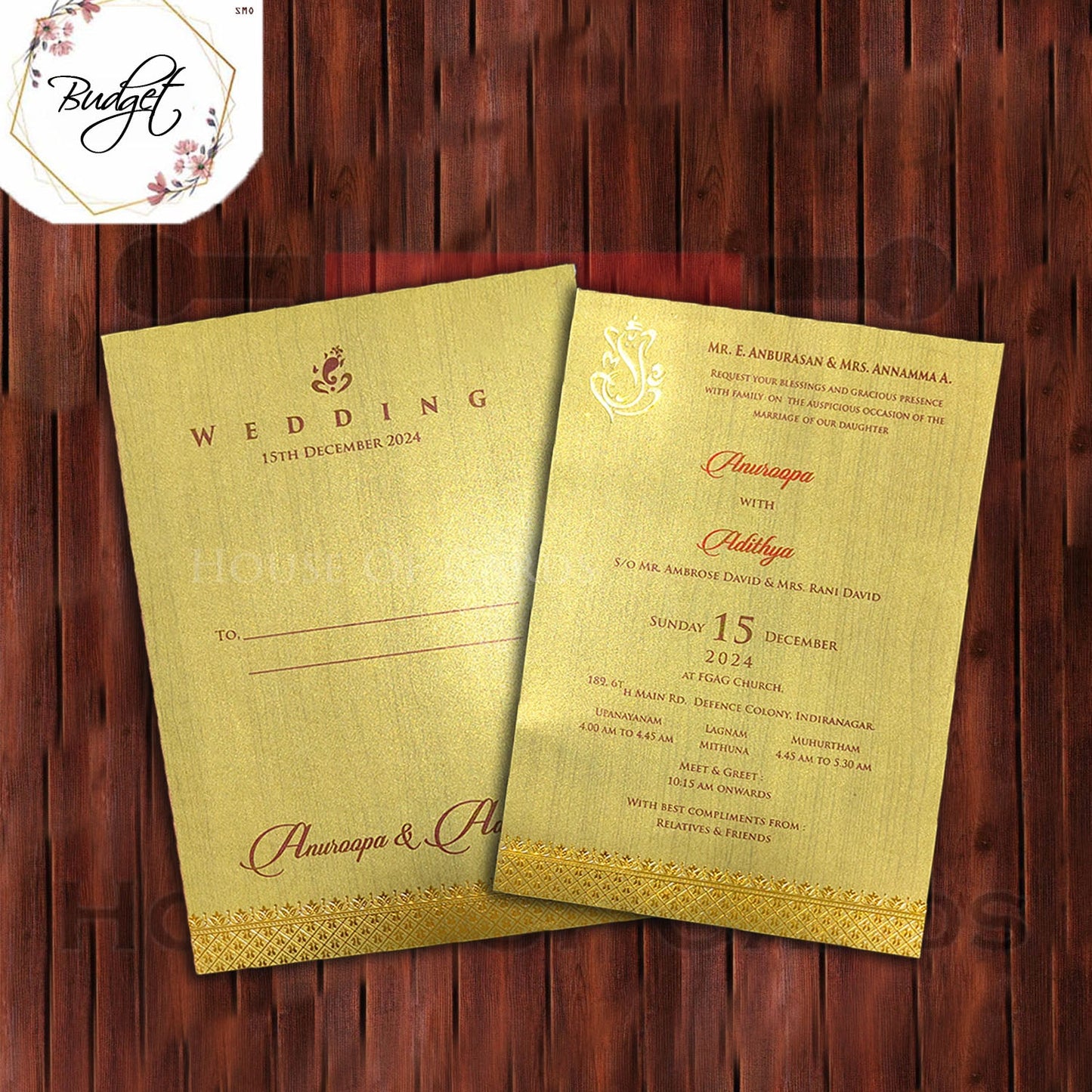 Golden Foil with Lord Ganesha single page invitation