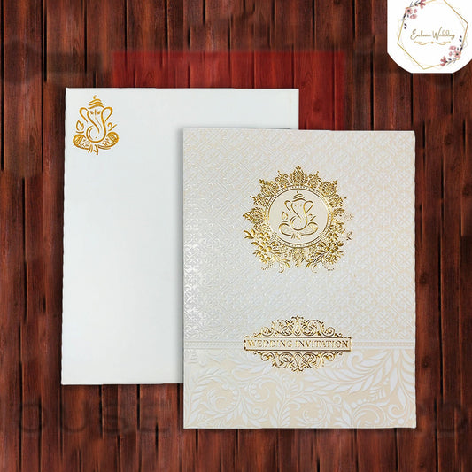 Lord Ganesha White & Gold Embossed Print Wedding Invitation
