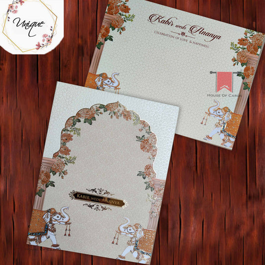 Cream- Elephant theme Wedding Invitation
