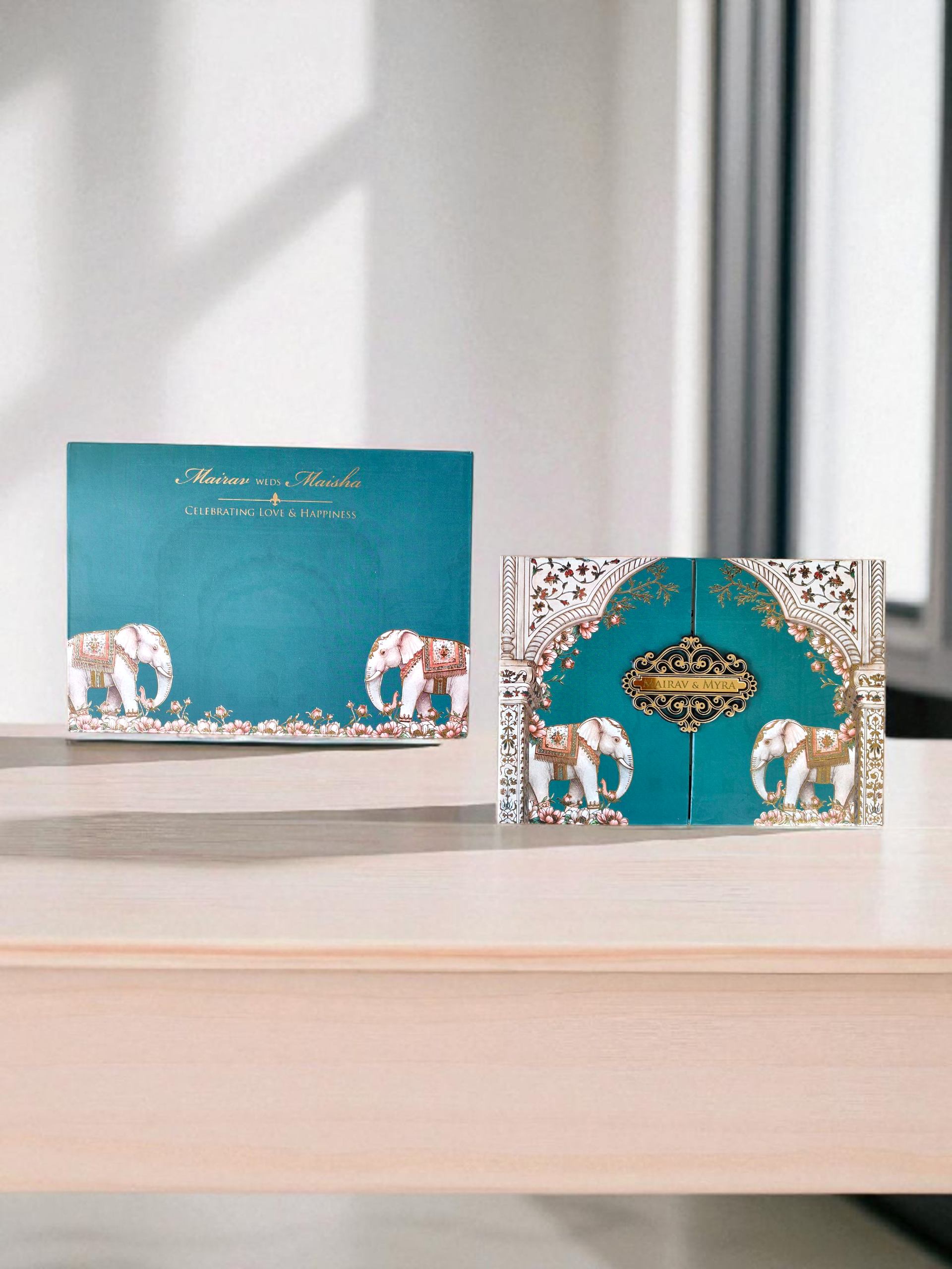 Dark green elephant wedding card