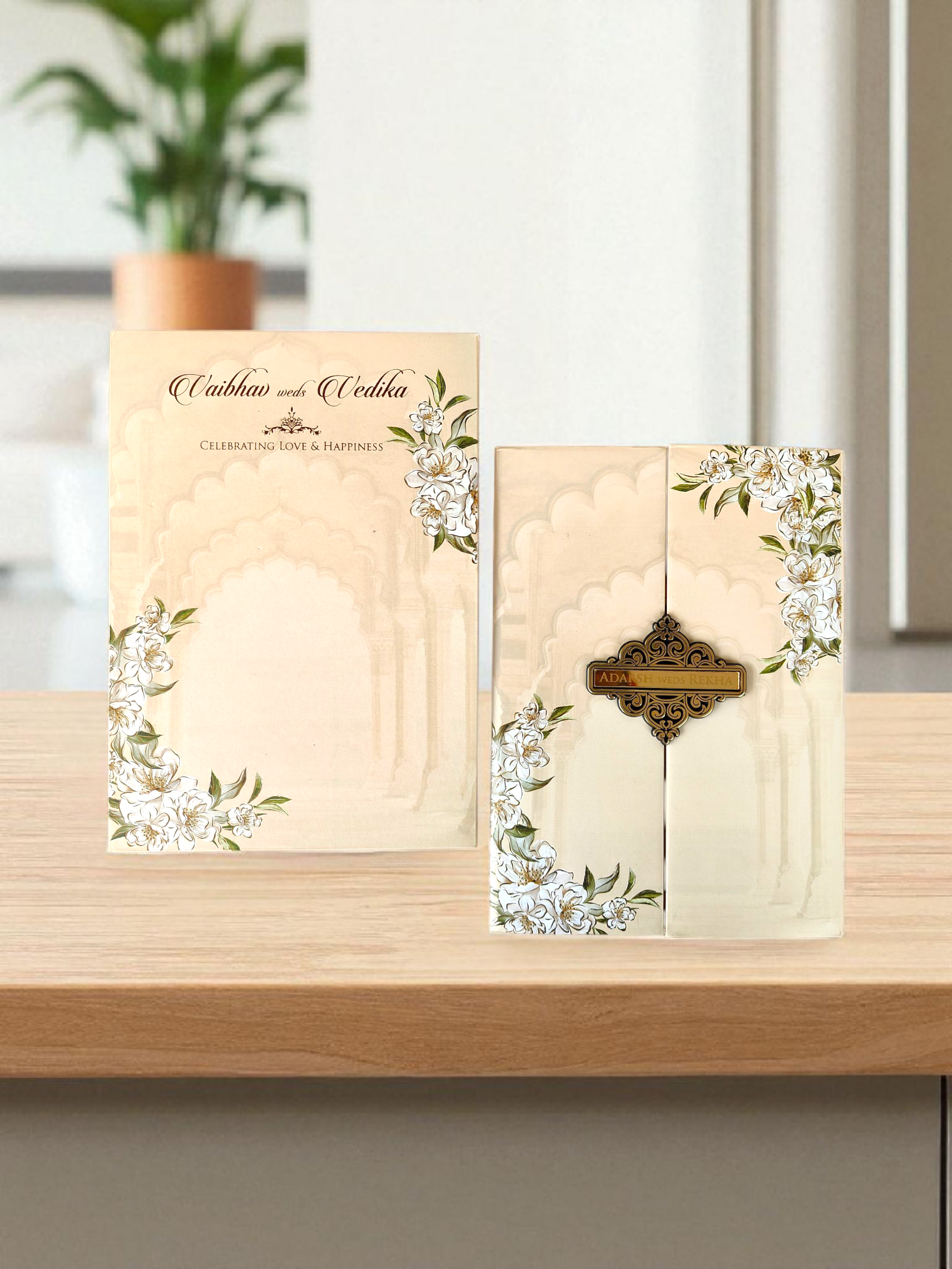 Cream door-style wedding card