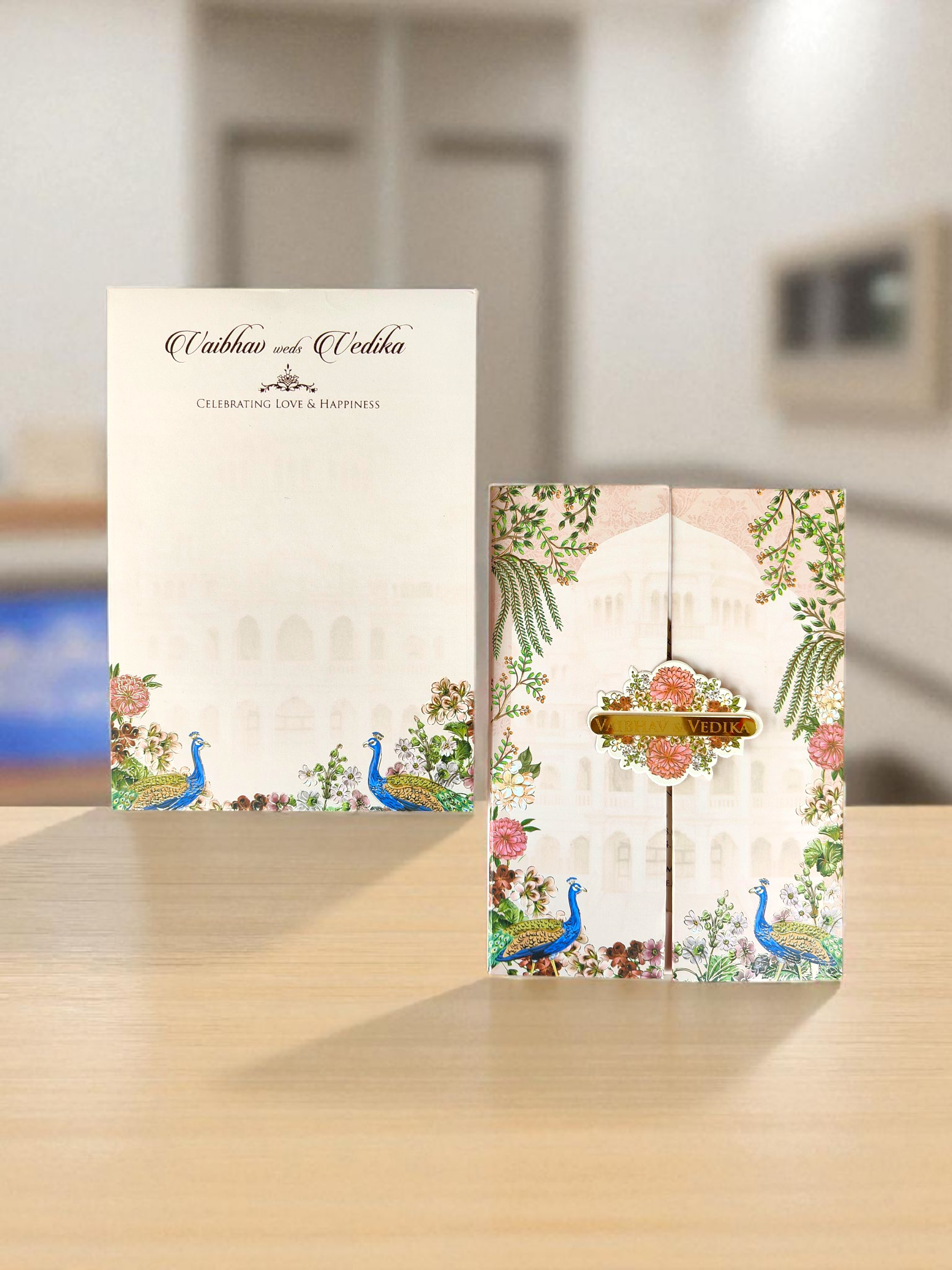 Floral peacock theme wedding card