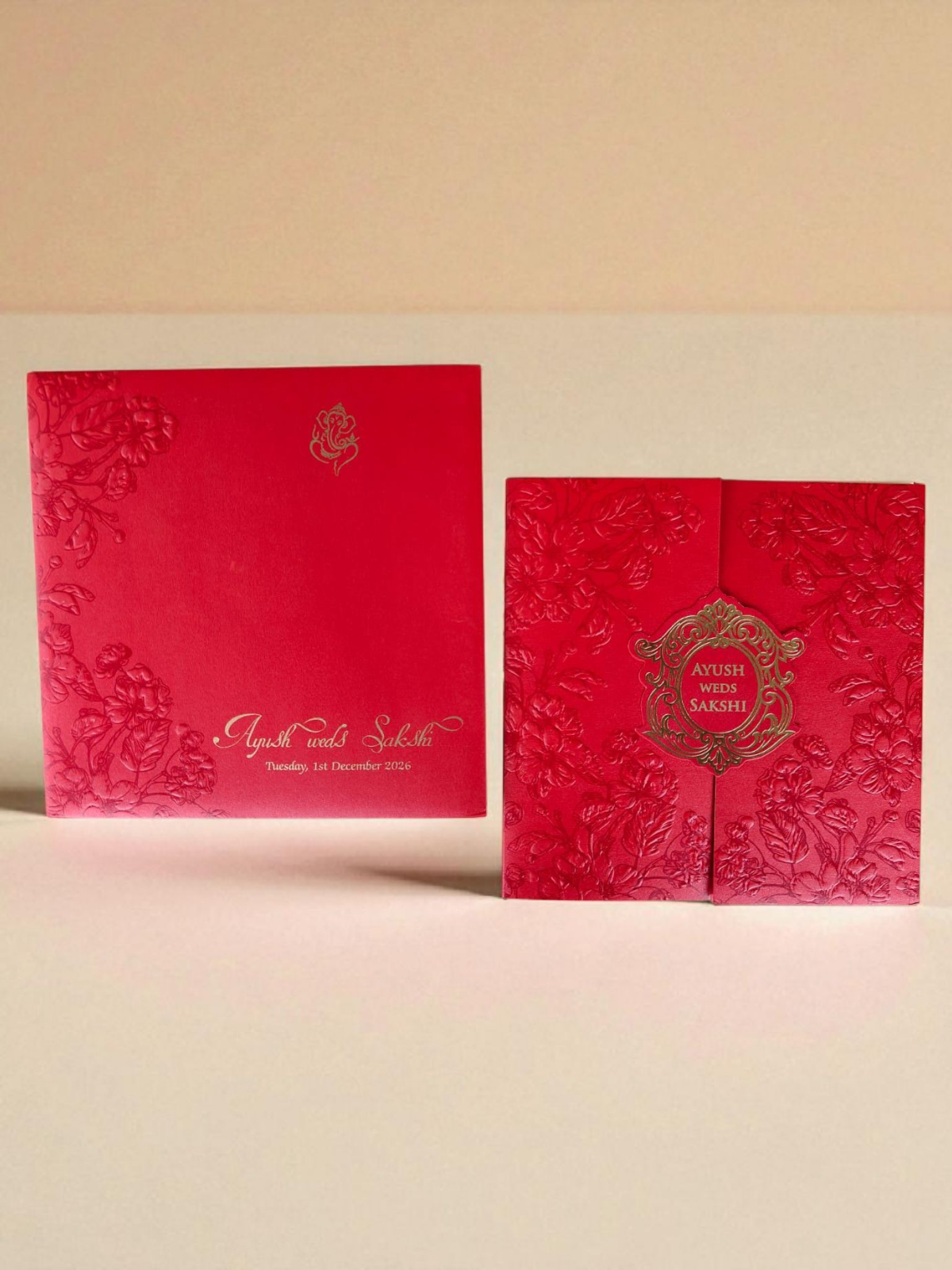 Floral embossed red wedding invitation