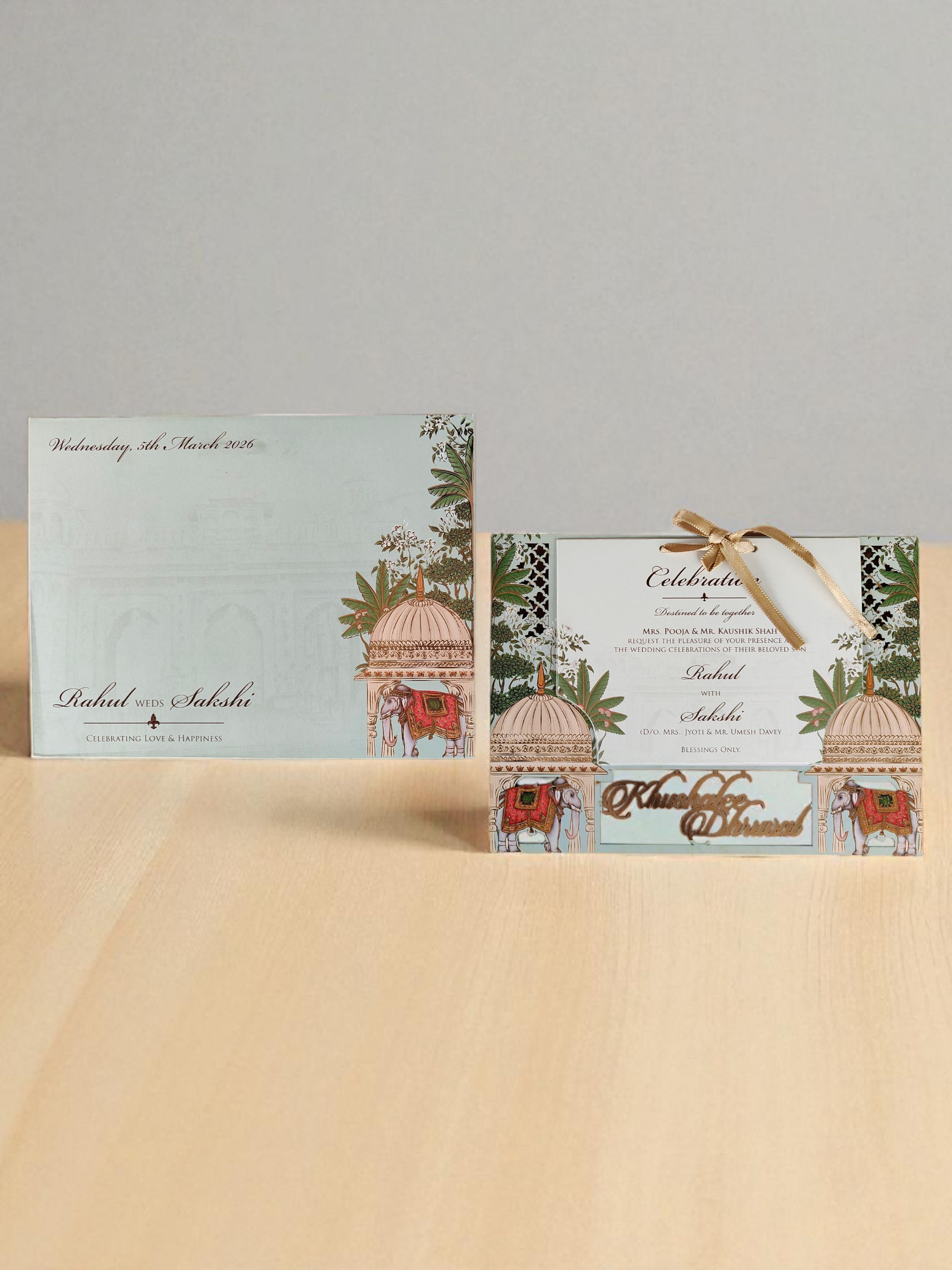 Traditional Royal Elephant Style MDF Laser Cut Wedding Invitation