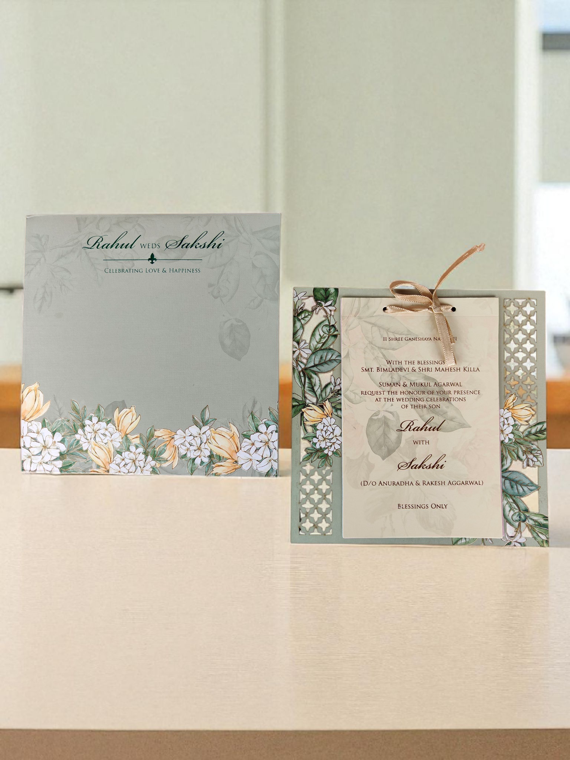 Pastel Green Floral MDF Invitation Card