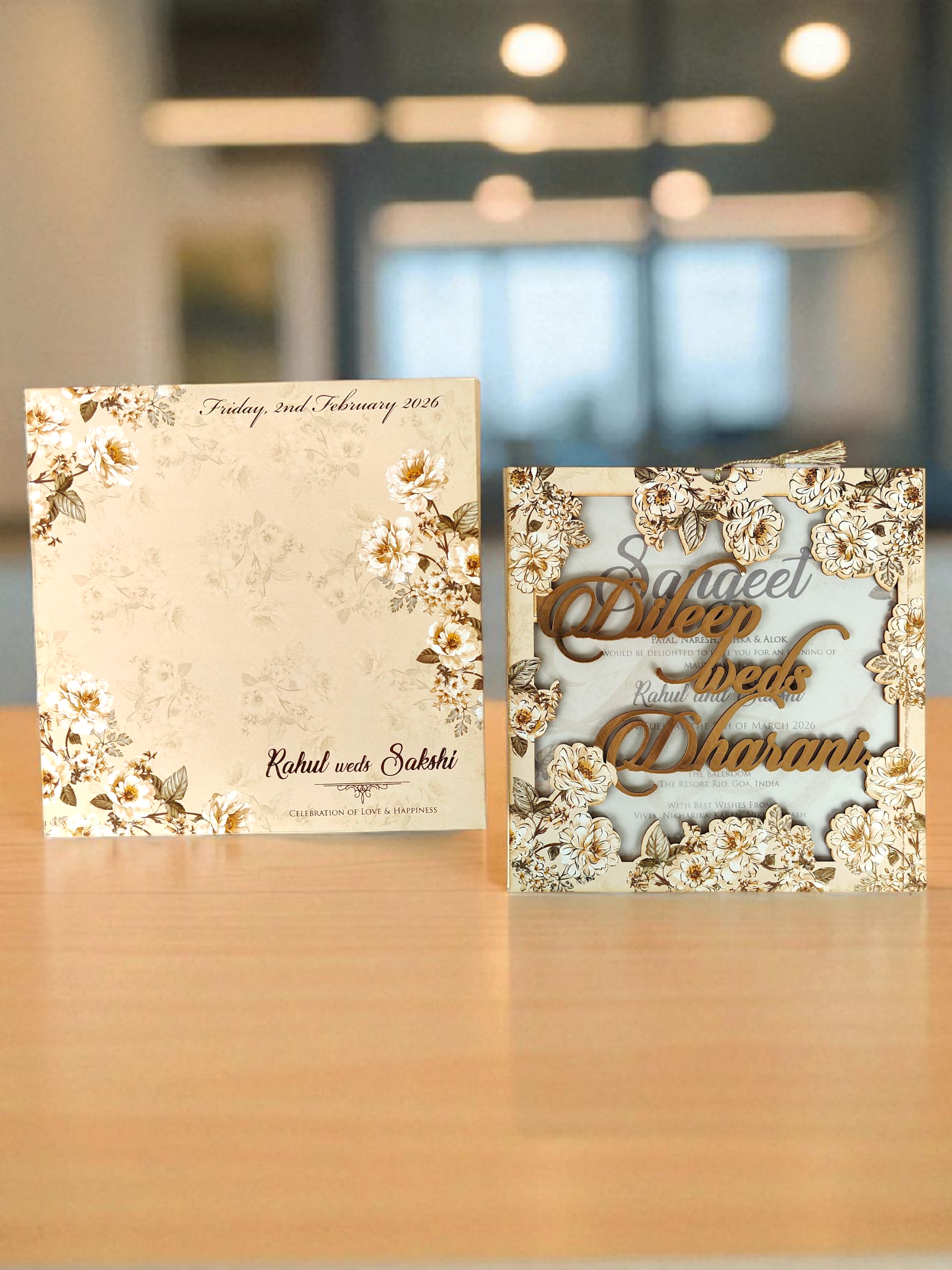 Cream Laser Cut Floral MDF Invitation Card