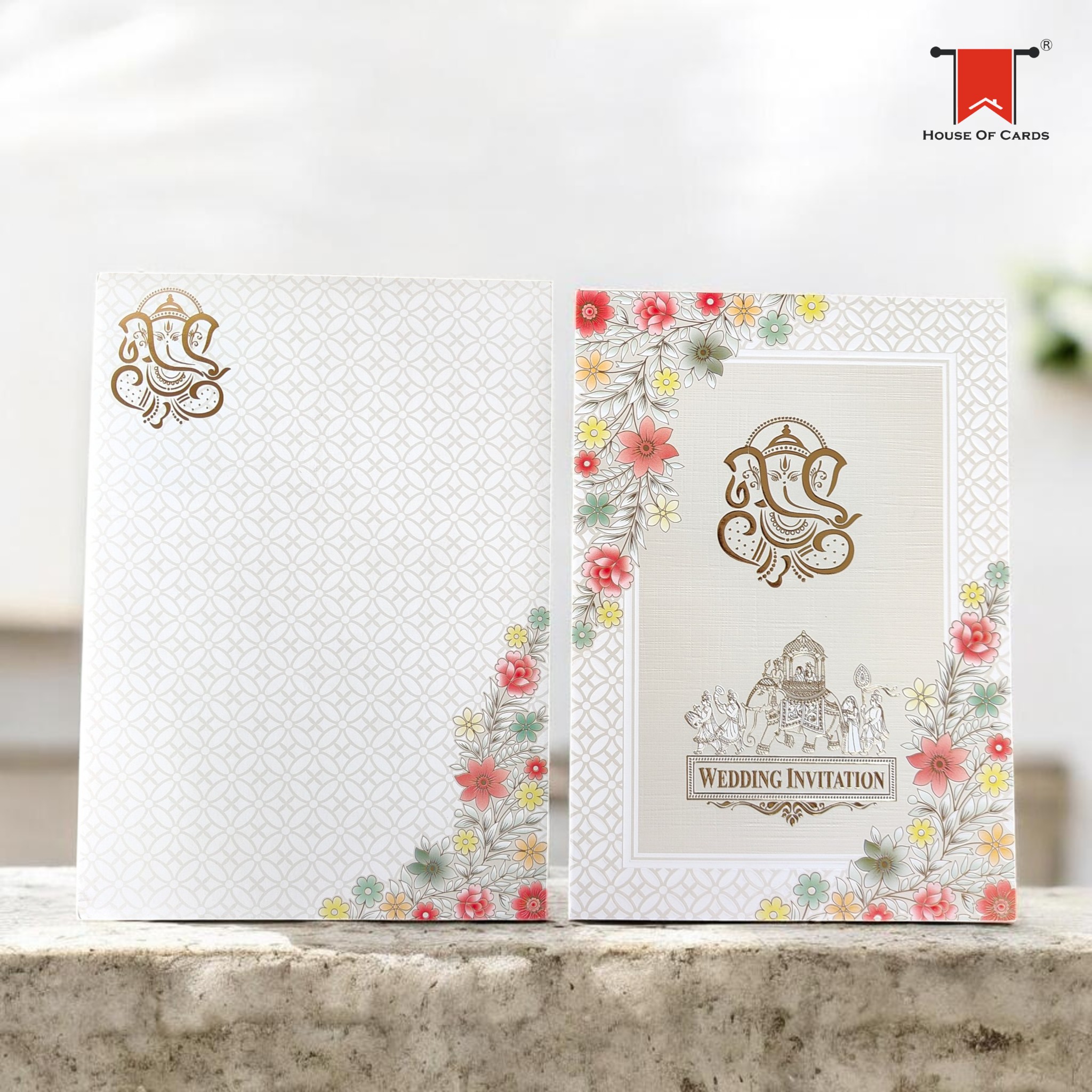Floral Embossed Pattern Ganesh Chariot Wedding card